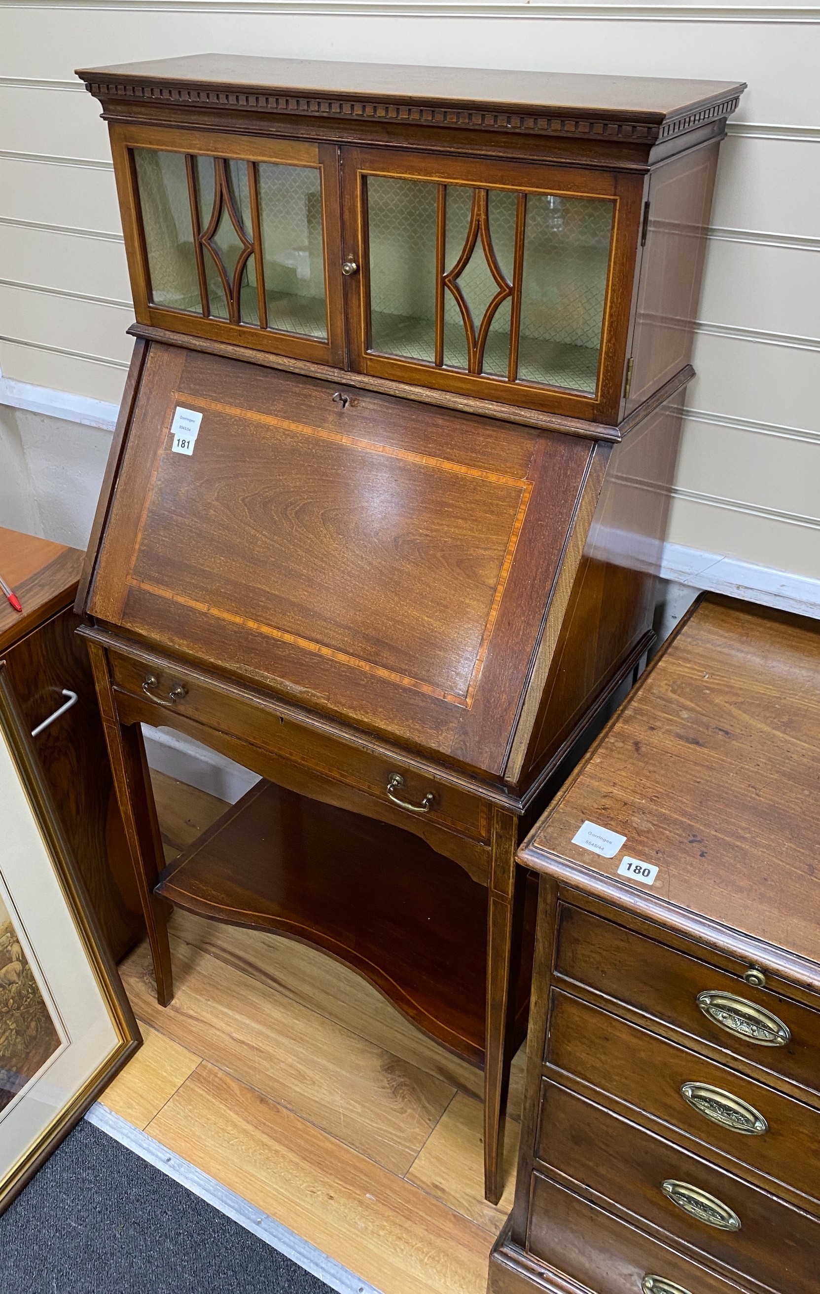 An Edwardian banded mahogany bureau cabinet, width 67cm, depth 38cm, height 138cm